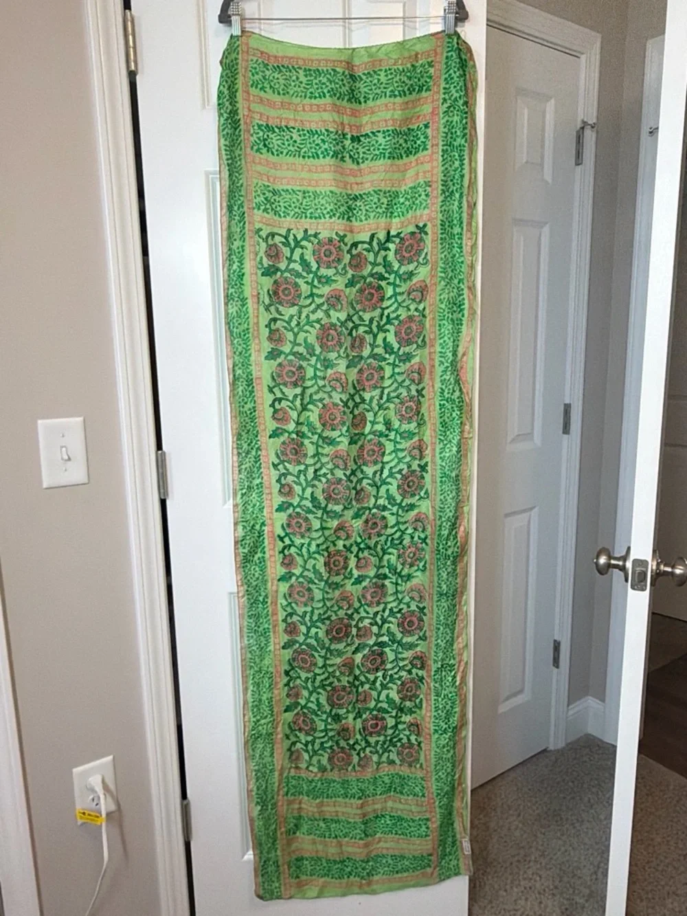 Hand Woven Indian Silk Floral Scarf Green Pink Boho